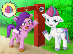 Size: 1400x1046 | Tagged: safe, artist:uotapo, pipp petals, zipp storm, pegasus, pony, g5, angry, blushing, chest fluff, duo, duo female, ear fluff, female, filly, floppy ears, foal, headband, height scale, open mouth, pictogram, pipp is short, pipp petals is not amused, royal sisters (g5), siblings, sisters, speech bubble, sweat, sweatdrop, tears of anger, teary eyes, unamused, unshorn fetlocks, zipp is short