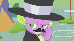 Size: 448x252 | Tagged: safe, screencap, spike, dragon, g4, owl's well that ends well, season 1, animated, cape, clothes, dastardly spike, dastardly whiplash, evil laugh, facial hair, gif, hat, laughing, moustache, solo, top hat, twirl