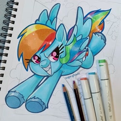 Size: 2048x2048 | Tagged: safe, artist:sugarghoulz, rainbow dash, pegasus, pony, g4, flying, grin, high res, photo, signature, smiling, solo, spread wings, traditional art, wings, wip