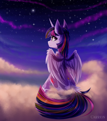 Size: 4235x4800 | Tagged: safe, artist:carrion1750, twilight sparkle, alicorn, pony, g4, cloud, female, horn, looking at you, looking back, looking back at you, night, sitting, sky, smiling, solo, stars, twilight sparkle (alicorn), wings