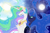 Size: 1280x850 | Tagged: safe, artist:carrion1750, princess celestia, princess luna, alicorn, pony, g4, back to back, blushing, chest fluff, curved horn, day, duo, female, freckles, horn, jewelry, looking at each other, looking at someone, moon, night, regalia, smiling, sun