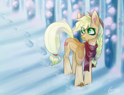 Size: 1300x1000 | Tagged: safe, artist:carrion1750, applejack, earth pony, pony, g4, alternate cutie mark, applejack's hat, blushing, braid, clothes, cowboy hat, eyeshadow, female, freckles, hat, hoofprints, makeup, redesign, scarf, snow, solo, winter