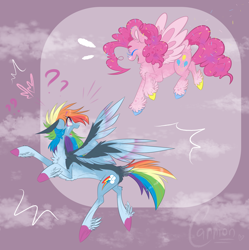 Size: 1870x1880 | Tagged: safe, artist:carrion1750, pinkie pie, rainbow dash, pegasus, pony, g4, abstract background, cutie mark, duo, eyes closed, female, flying, laughing, looking back, open mouth, pegasus pinkie pie, physique difference, question mark, race swap, redesign, shocked, slender, smiling, spread wings, thin, wings