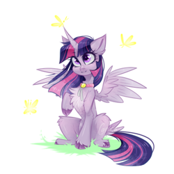 Size: 3500x3500 | Tagged: safe, artist:carrion1750, twilight sparkle, alicorn, pony, g4, choker, cloven hooves, colored hooves, female, fluffy, grass, high res, horn, jewelry, low quality, necklace, needs more jpeg, pixelated, raised hoof, simple background, sitting, slender, smiling, solo, sparkles, spread wings, tail, tail feathers, thin, twilight sparkle (alicorn), white background, wings