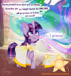 Size: 1280x1370 | Tagged: safe, artist:carrion1750, princess celestia, twilight sparkle, alicorn, pony, g4, alternate universe, blushing, brooch, cape, clasp, clothes, curved horn, disguise, duo, female, filly, foal, grammar error, hallway, horn, jewelry, open mouth, raised hoof, smiling, speech, speech bubble, talking, twilight sparkle (alicorn)