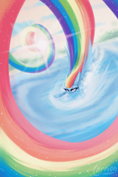 Size: 2000x3000 | Tagged: safe, artist:carrion1750, rainbow dash, pegasus, pony, g4, cloud, cloudy, female, flying, forest, high res, lens flare, rainbow trail, sky, smiling, solo, splash, sun, water, wings