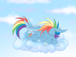 Size: 584x444 | Tagged: safe, artist:carrion1750, rainbow dash, pegasus, pony, g4, animated, cloud, crossed arms, cutie mark, eyes closed, female, folded wings, gif, lying down, on a cloud, onomatopoeia, sky, sleeping, sleeping on a cloud, snoring, solo, sound effects, tail, tail feathers, wings, zzz