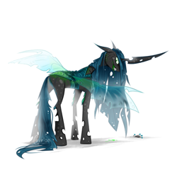 Size: 3500x3500 | Tagged: safe, artist:carrion1750, queen chrysalis, changeling, changeling queen, g4, crown, ears back, fangs, female, grin, high res, horn, jewelry, pixelated, regalia, sharp teeth, simple background, slender, slit pupils, smiling, solo, spread wings, tall, teeth, thin, transparent wings, white background, wings