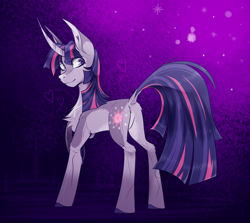 Size: 1280x1140 | Tagged: safe, artist:carrion1750, twilight sparkle, pony, unicorn, g4, abstract background, curved horn, cutie mark, dock, featureless crotch, female, heart, horn, looking at you, looking back, looking back at you, purple background, raised hoof, simple background, smiling, solo, sparkles, tail