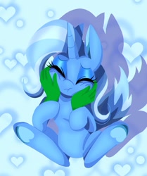 Size: 1245x1487 | Tagged: safe, artist:stacy_165cut, trixie, oc, oc:anon, pony, unicorn, g4, blue background, cheek squish, cute, diatrixes, disembodied hand, eyes closed, female, hand, heart, heart background, horn, mare, offscreen character, petting, simple background, solo focus, squishy cheeks, underhoof