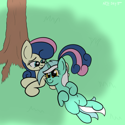 Size: 2000x2000 | Tagged: safe, artist:dafiltafish, bon bon, lyra heartstrings, sweetie drops, earth pony, pony, unicorn, g4, adorabon, atg 2022, cuddling, cute, duo, female, grass, high res, lesbian, looking at each other, looking at someone, lyrabetes, mare, newbie artist training grounds, ship:lyrabon, shipping, smiling, smiling at each other, tree, under the tree