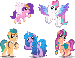 Size: 10000x7726 | Tagged: safe, artist:n0kkun, hitch trailblazer, izzy moonbow, pipp petals, sunny starscout, zipp storm, earth pony, pegasus, pony, unicorn, g4, g5, absurd resolution, female, g5 to g4, generation leap, grin, male, mane five, mare, open mouth, open smile, simple background, smiling, stallion, transparent background, vector