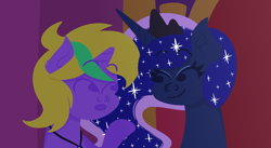 Size: 3720x2040 | Tagged: safe, artist:iceflower99, princess luna, oc, oc:buggy brush, g4, fanfic, fanfic art, high res, jewelry, link in description, looking at each other, looking at someone, necklace, style emulation, throne, throne room