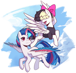 Size: 5313x5052 | Tagged: safe, artist:蜗牛酱, songbird serenade, oc, oc:lucent starscape, oc:星夜流光, alicorn, pegasus, pony, g4, my little pony: the movie, duo, flying, horn, simple background, transparent background, wings