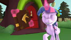 Size: 1920x1080 | Tagged: safe, artist:sketchmcreations, derpibooru exclusive, twilight sparkle, alicorn, pony, g4, 3d, awkward smile, book, book of harmony, download at source, downloadable, eyes closed, glowing, glowing horn, gmod, golden oaks library, horn, magic, outdoors, ponyville, raised hoof, smiling, solo, source filmmaker, source filmmaker resource, sweat, sweatdrops, telekinesis, twilight sparkle (alicorn)