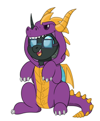 Size: 1820x2208 | Tagged: safe, artist:rokosmith26, oc, oc only, oc:tarsi, changeling, animal onesie, changeling oc, clothes, commission, costume, glasses, happy, horn, kigurumi, looking up, male, onesie, open mouth, simple background, sitting, smiling, solo, spyro the dragon, spyro the dragon (series), stallion, teeth, transparent background, ych result