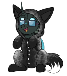 Size: 1756x1997 | Tagged: safe, artist:rokosmith26, oc, oc only, oc:tarsi, changeling, animal onesie, changeling oc, clothes, commission, glasses, happy, horn, looking up, onesie, open mouth, simple background, sitting, smiling, solo, teeth, transparent background, ych result, your character here