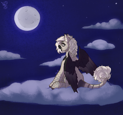 Size: 2048x1922 | Tagged: safe, artist:florat_reaper, oc, oc:devilvoice, bat pony, pony, cloud, female, leonine tail, looking at you, mare, moon, on a cloud, piercing, sitting, sitting on a cloud, solo, tail