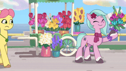 Size: 520x293 | Tagged: safe, screencap, dahlia, hitch trailblazer, posey (g5), sunny starscout, earth pony, pony, g5, my little pony: tell your tale, neighfever, spoiler:g5, spoiler:my little pony: tell your tale, spoiler:tyts01e16, animated, female, flower, male, mare, stallion