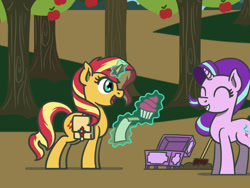 Size: 1800x1350 | Tagged: safe, artist:flutterluv, part of a set, starlight glimmer, sunset shimmer, pony, unicorn, atg 2022, cupcake, duo, food, newbie artist training grounds, part of a series, shovel, treasure chest