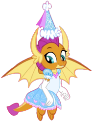 Size: 715x932 | Tagged: safe, artist:darlycatmake, smolder, dragon, adorkable, beautiful, clothes, cute, dork, dragon wings, dragoness, dress, dressup, female, flying, froufrou glittery lacy outfit, gloves, happy, hat, hennin, long gloves, looking down, princess, princess smolder, proud, simple background, smiling, transparent background, vector, wings