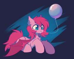 Size: 952x760 | Tagged: safe, artist:mirtash, oc, oc only, oc:cheery bell, bat pony, pony, balloon, bat pony oc, bat wings, cute, female, mare, mouth hold, ocbetes, slit pupils, smiling, solo, wings