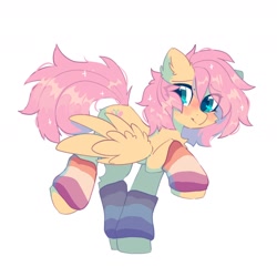 Size: 1800x1800 | Tagged: safe, artist:mirtash, fluttershy, pegasus, pony, g4, clothes, ear fluff, eye clipping through hair, eyebrows, eyebrows visible through hair, leg warmers, lesbian pride flag, looking at you, partially open wings, pride, pride flag, raised leg, simple background, solo, white background, wings