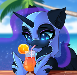 Size: 2342x2272 | Tagged: safe, alternate character, alternate version, artist:airiniblock, nightmare moon, alicorn, pony, g4, alcohol, chest fluff, cocktail, commission, cute, drink, drinking straw, ear fluff, ethereal mane, eye clipping through hair, eyebrows, female, food, high res, horn, icon, mare, moonabetes, nicemare moon, ocean, orange, palm tree, signature, smiling, solo, starry mane, tree, water, wings, ych result