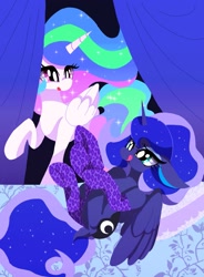 Size: 1175x1600 | Tagged: safe, artist:stacy_165cut, princess celestia, princess luna, alicorn, pony, g4, bed, clothes, dock, duo, duo female, female, folded wings, horn, kneesocks, looking at someone, lying down, mare, missing accessory, on back, pillow, raised hoof, socks, tail, tongue out, wings