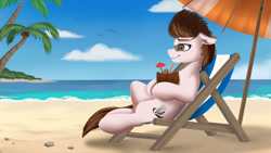 Size: 1280x720 | Tagged: safe, artist:joaothejohn, oc, oc only, oc:ashwind, bird, pegasus, pony, beach, chair, coconut, commission, floppy ears, food, lidded eyes, ocean, pegasus oc, solo, sunglasses, tree, umbrella, water