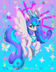 Size: 1230x1576 | Tagged: safe, artist:stacy_165cut, princess flurry heart, alicorn, butterfly, pony, g4, blue background, female, horn, jewelry, looking at you, mare, older, older flurry heart, purple background, regalia, simple background, solo, spread wings, wings