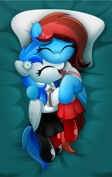 Size: 632x1000 | Tagged: safe, artist:jhayarr23, oc, oc only, oc:lucid heart, oc:winter white, pegasus, pony, bed, clothes, cuddling, eyes closed, latex, latex stockings, open mouth, pillow, skirt, smiling, stockings, thigh highs