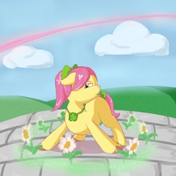 Size: 2250x2250 | Tagged: safe, artist:felldeal, posey bloom, earth pony, pony, g5, my little pony: make your mark, spoiler:my little pony: make your mark, bow, cloud, daisy (flower), earth pony magic, eyebrows, female, floppy ears, flower, frown, hair bow, high res, jewelry, magic, mare, necklace, ponytail, solo, tail, tail bow