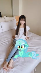 Size: 768x1365 | Tagged: safe, artist:cyanlightning, edit, lyra heartstrings, human, pony, g4, bed, feet, female, irl, irl human, lying down, photo, ponies in real life