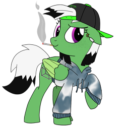 Size: 1024x1024 | Tagged: safe, artist:vilkathewolf, oc, oc:viridescent wings, pegasus, pony, backwards ballcap, baseball cap, cap, cigarette, cigarette smoke, clothes, ear piercing, freckles, hat, hoodie, monster energy, piercing, simple background, smoking, solo, transparent background