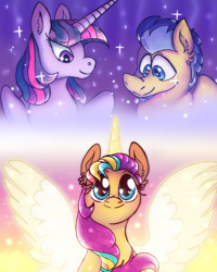 Size: 960x1200 | Tagged: safe, artist:northernlightsone, flash sentry, sunny starscout, twilight sparkle, alicorn, earth pony, pegasus, pony, g5, my little pony: a new generation, ancestors, female, headcanon, heart, heart eyes, looking at you, male, mare, race swap, ship:flashlight, shipping, smiling, smiling at you, spirit, spread wings, stallion, straight, sunnycorn, twilight sparkle (alicorn), wingding eyes, wings
