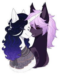 Size: 1700x2097 | Tagged: safe, artist:purplegrim40, oc, oc only, earth pony, pony, unicorn, bust, clothes, duo, earth pony oc, eyes closed, horn, simple background, smiling, transparent background, unicorn oc