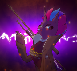 Size: 5200x4800 | Tagged: safe, artist:kainy, oc, oc:tempest revenant, pony, unicorn, bullet, clothes, coat, counter-strike: global offensive, curved horn, doctor "romanov", female, horn, lightning, looking at you, mare, not tempest shadow, scar, shadow, simple background, weapon
