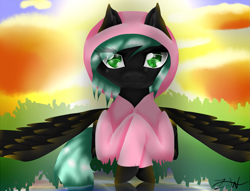 Size: 1039x795 | Tagged: safe, artist:kat-the-true-kitkat, oc, oc only, pegasus, pony, clothes, eyelashes, female, hoodie, lying down, mare, outdoors, pegasus oc, prone, signature, solo, spread wings, wings