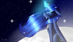 Size: 1383x795 | Tagged: safe, artist:kat-the-true-kitkat, princess luna, alicorn, pony, g4, crying, ethereal mane, female, frown, glowing, glowing horn, horn, mare, moon, outdoors, solo, starry mane, stars