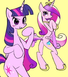Size: 808x915 | Tagged: safe, artist:ponysprinkles, princess cadance, twilight sparkle, alicorn, pony, g4, bipedal, butt, duo, duo female, female, horn, jewelry, lovebutt, mare, plot, regalia, simple background, sisters-in-law, twilight sparkle (alicorn), wings, yellow background
