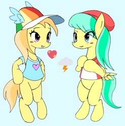 Size: 1011x1023 | Tagged: safe, artist:ponysprinkles, barley barrel, noi, earth pony, pegasus, pony, g4, beanie, bipedal, blue background, cap, clothes, duo, duo female, eye clipping through hair, female, filly, foal, hat, heart, simple background, wings