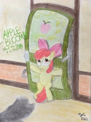 Size: 3024x4032 | Tagged: safe, artist:opti, artist:pianoflagerag, apple bloom, applejack, earth pony, elephant, pony, g4, atg 2022, bipedal, door, female, filly, foal, hiding, mare, newbie artist training grounds, offscreen character, shadow, siblings, sisters, text, traditional art