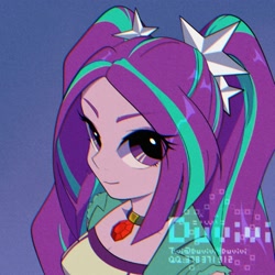 Size: 2000x2000 | Tagged: safe, artist:duvivi, aria blaze, human, equestria girls, blue background, bust, clothes, eye clipping through hair, eyebrows, eyebrows visible through hair, female, gem, high res, jewelry, looking at you, looking up, looking up at you, necklace, signature, simple background, siren gem, smiling, smiling at you, solo