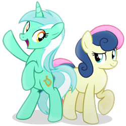 Size: 2000x2000 | Tagged: safe, artist:candy meow, bon bon, lyra heartstrings, sweetie drops, earth pony, pony, unicorn, g4, atg 2022, bipedal, duo, duo female, female, high res, looking at each other, looking at someone, mare, newbie artist training grounds, raised hoof, simple background, standing, standing on two hooves, transparent background