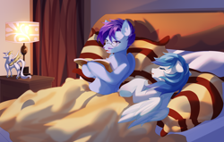 Size: 4536x2889 | Tagged: safe, artist:alus, oc, oc only, oc:dr.lancet dois, oc:dr.picsell dois, pegasus, pony, bed, father and child, father and son, like father like son, like parent like child, male, reading, sleeping