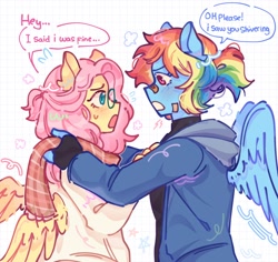 Size: 1376x1298 | Tagged: safe, artist:aj2020ahgd, fluttershy, rainbow dash, anthro, g4, bandaid, clothes, duo, female, glasses, jacket, lesbian, looking at each other, looking at someone, open mouth, scarf, ship:flutterdash, shipping, simple background, speech bubble, white background, wings