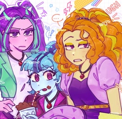 Size: 1476x1441 | Tagged: safe, artist:aj2020ahgd, adagio dazzle, aria blaze, sonata dusk, human, equestria girls, ..., clothes, drink, drinking straw, emanata, exclamation point, female, gem, hand on hip, jewelry, looking at you, necklace, simple background, siren gem, tongue out, trio, trio female, white background