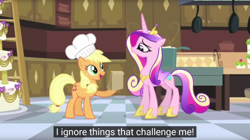 Size: 540x303 | Tagged: safe, screencap, applejack, princess cadance, alicorn, earth pony, pony, friendship is witchcraft, g4, bakery, cake, caption, dialogue, female, food, smiling, subtitles, text