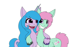 Size: 2481x1515 | Tagged: safe, artist:lucktail, izzy moonbow, minty, earth pony, pony, unicorn, g3, g4, g5, bracelet, duo, duo female, female, friendship bracelet, g3 to g4, g5 to g4, generation leap, jewelry, mare, simple background, transparent background